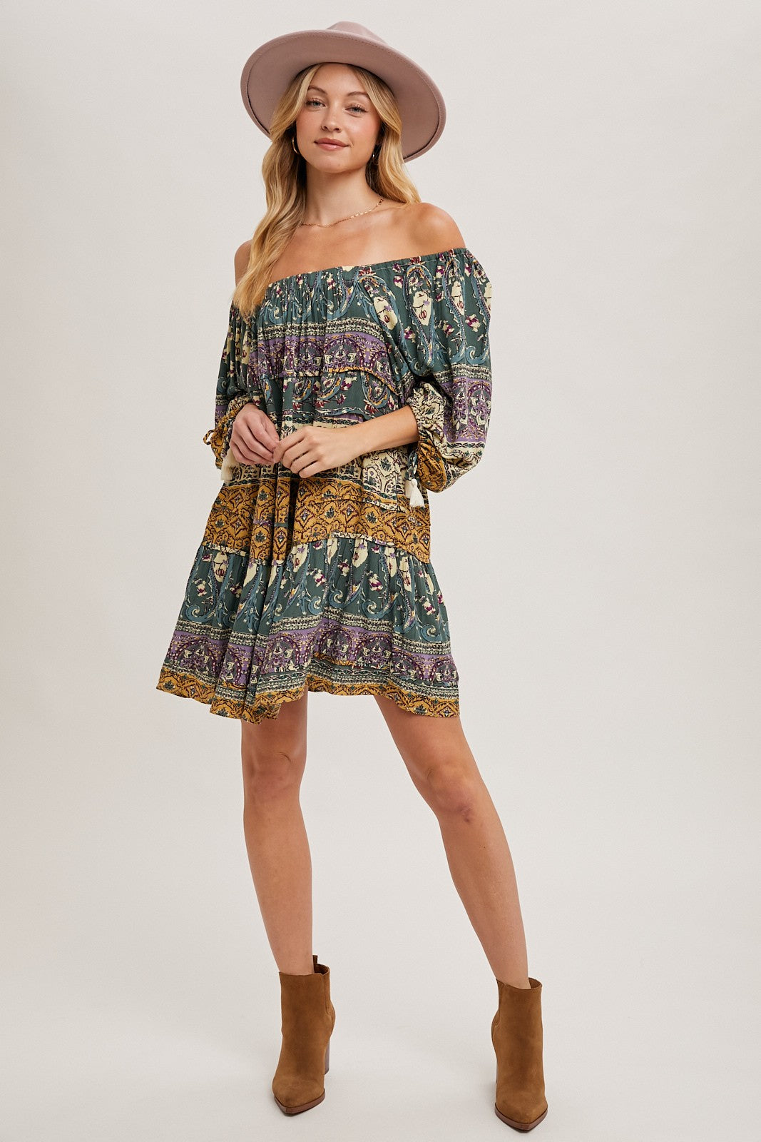 Gold Green Paisley Print Boho Off Shoulder Dress