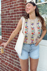 Oatmeal Embroidered Sleeveless Knit Tank Top