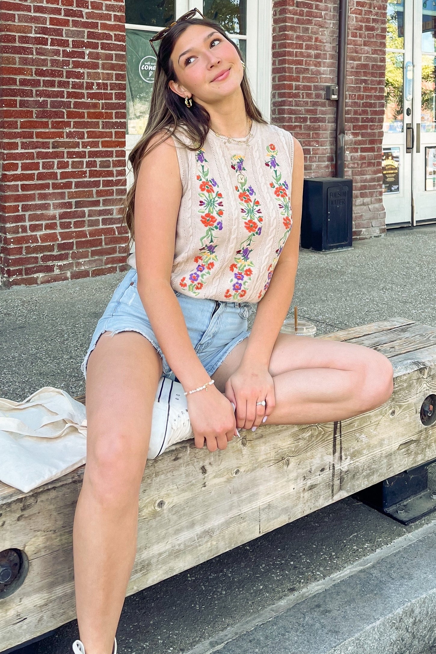 Oatmeal Embroidered Sleeveless Knit Tank Top