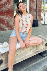 Oatmeal Embroidered Sleeveless Knit Tank Top