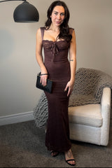 Chocolate Brown Floral Embroidered Lace Maxi Dress