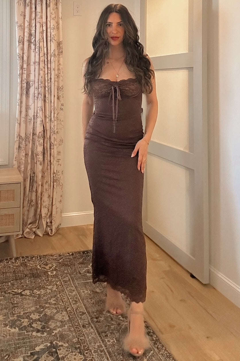 Chocolate Brown Floral Embroidered Lace Maxi Dress