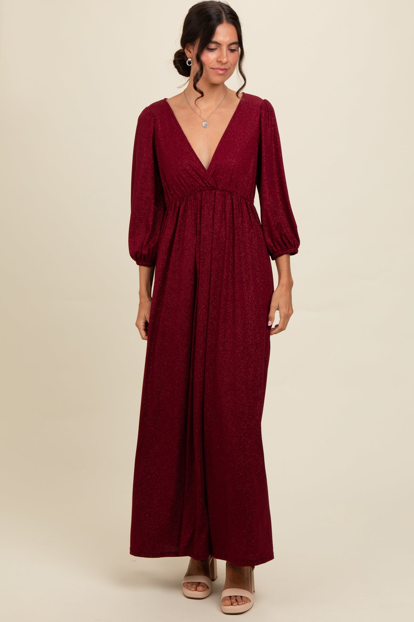 Burgundy Glitter V-Neck Maternity Maxi Dress PinkBlush Burgundy Glitter V-Neck Maternity Maxi Dress PinkBlush