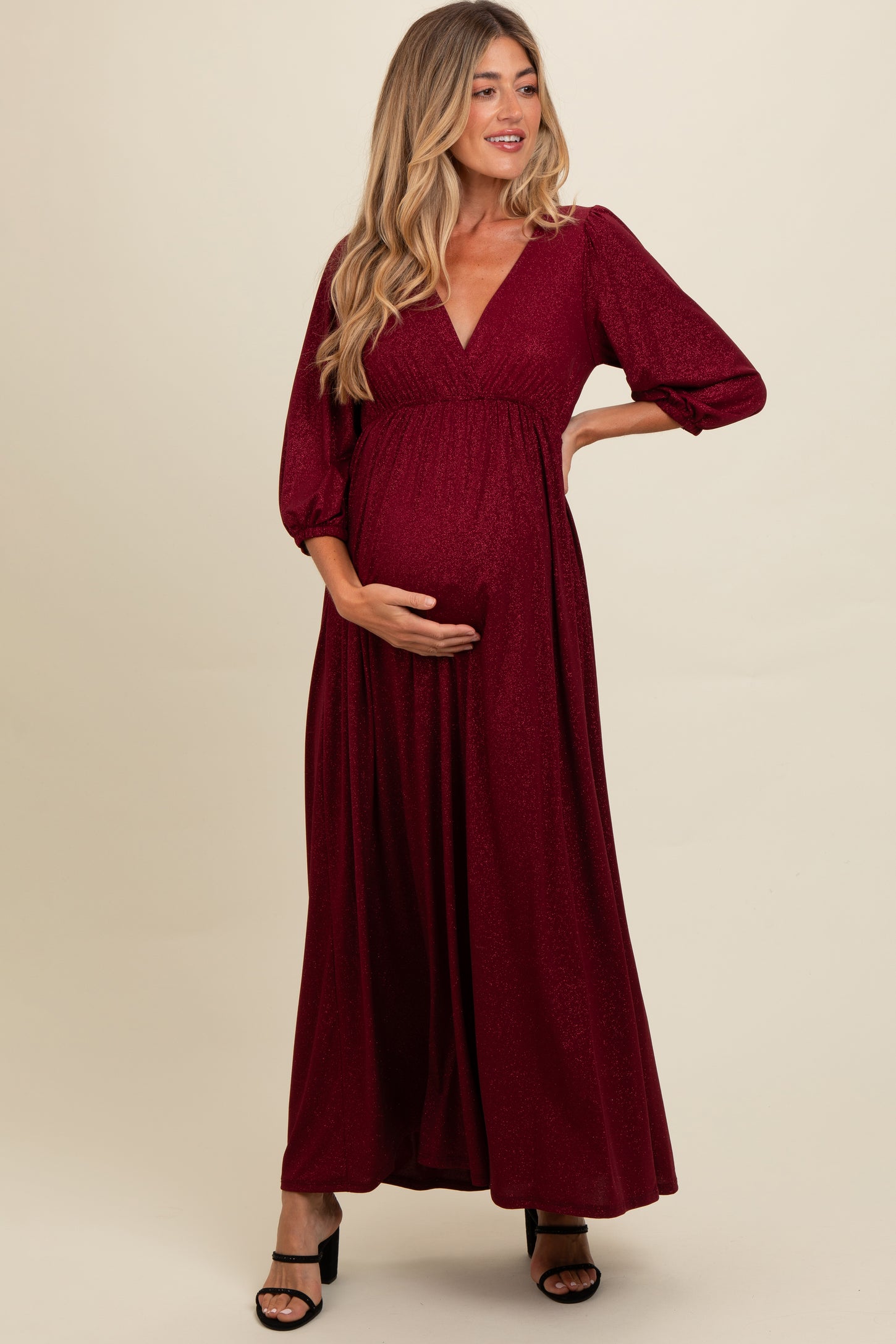 Burgundy Glitter V-Neck Maternity Maxi Dress PinkBlush Burgundy Glitter V-Neck Maternity Maxi Dress PinkBlush