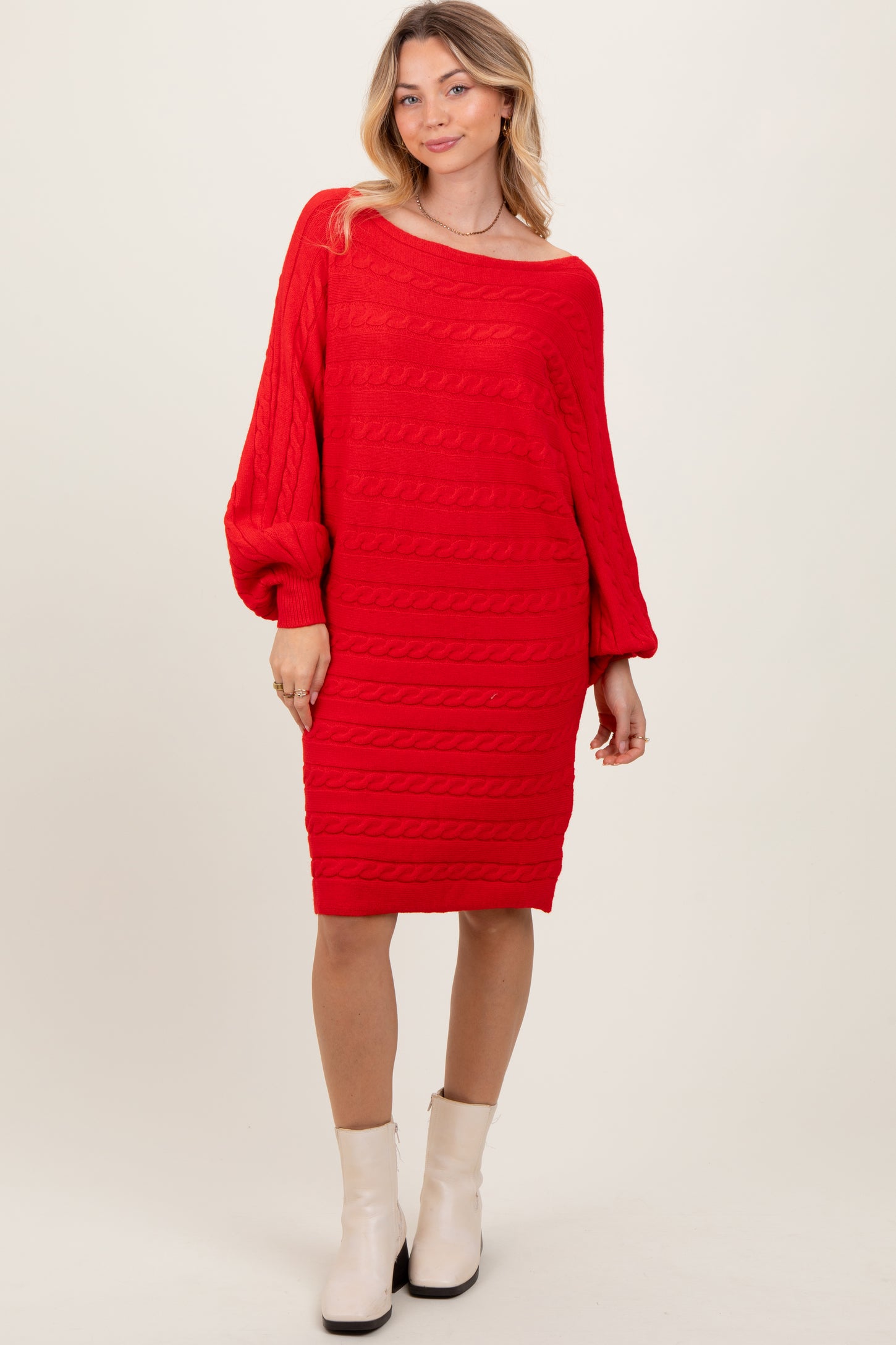 Red Cable Knit Dolman Sleeve Maternity Sweater Mini Dress
