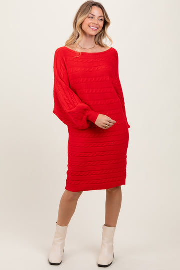 Red Cable Knit Dolman Sleeve Sweater Mini Dress