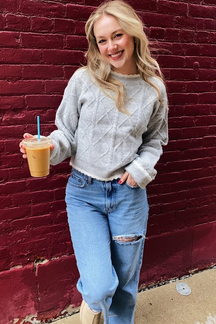 Grey Cable Knit Cropped Sweater