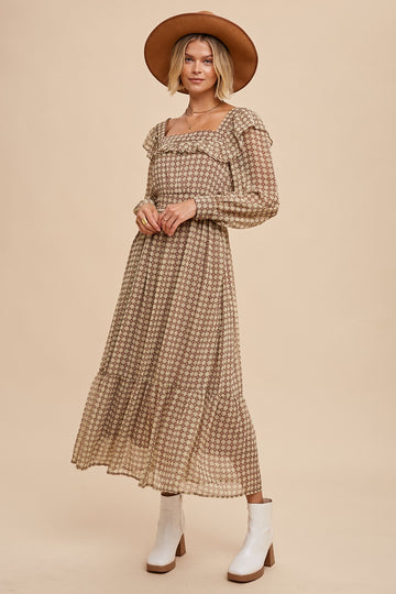 Brown Geometric Print Square Neck Midi Dress