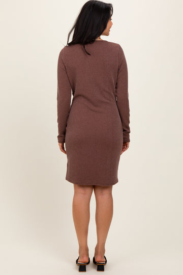 Brown Ribbed Long Sleeve Half Button Up Fitted Dress