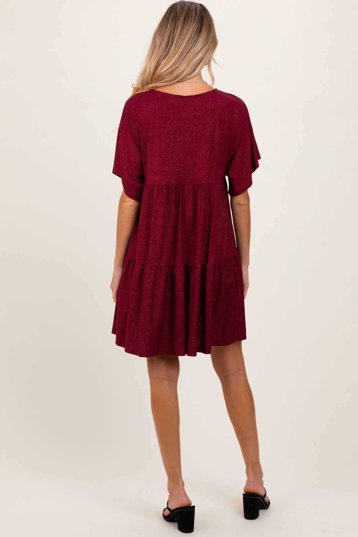 Burgundy Glitter Flutter Sleeve Tiered Maternity Dress