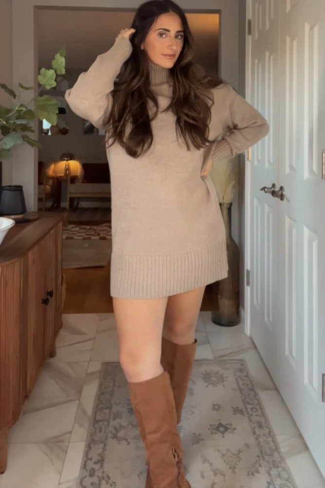 Light Taupe Turtle Neck Mini Sweater Dress