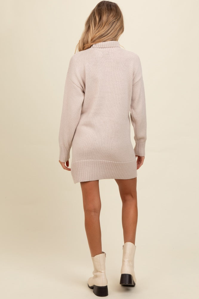 Beige Turtle Neck Maternity Mini Sweater Dress