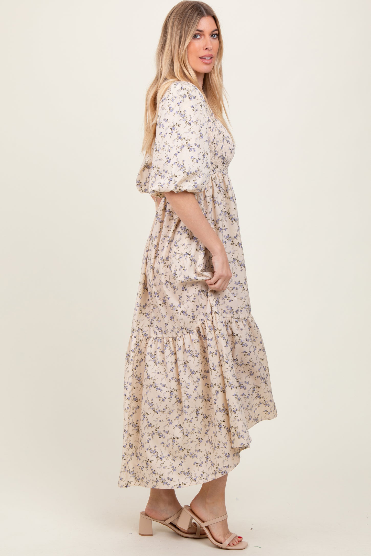 Ivory Floral Smocked Hi-Low Puff Sleeve Maxi Dress