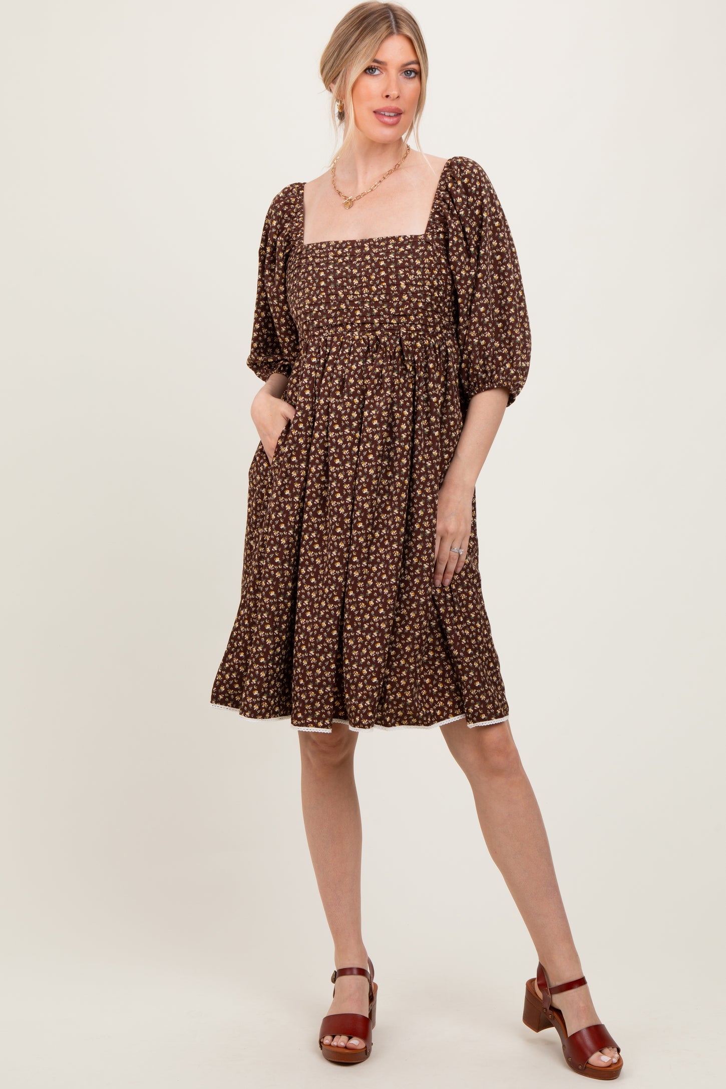 Mocha Floral Pleated Bodice Lace Trim Midi Dress