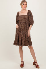 Mocha Floral Pleated Bodice Lace Trim Midi Dress