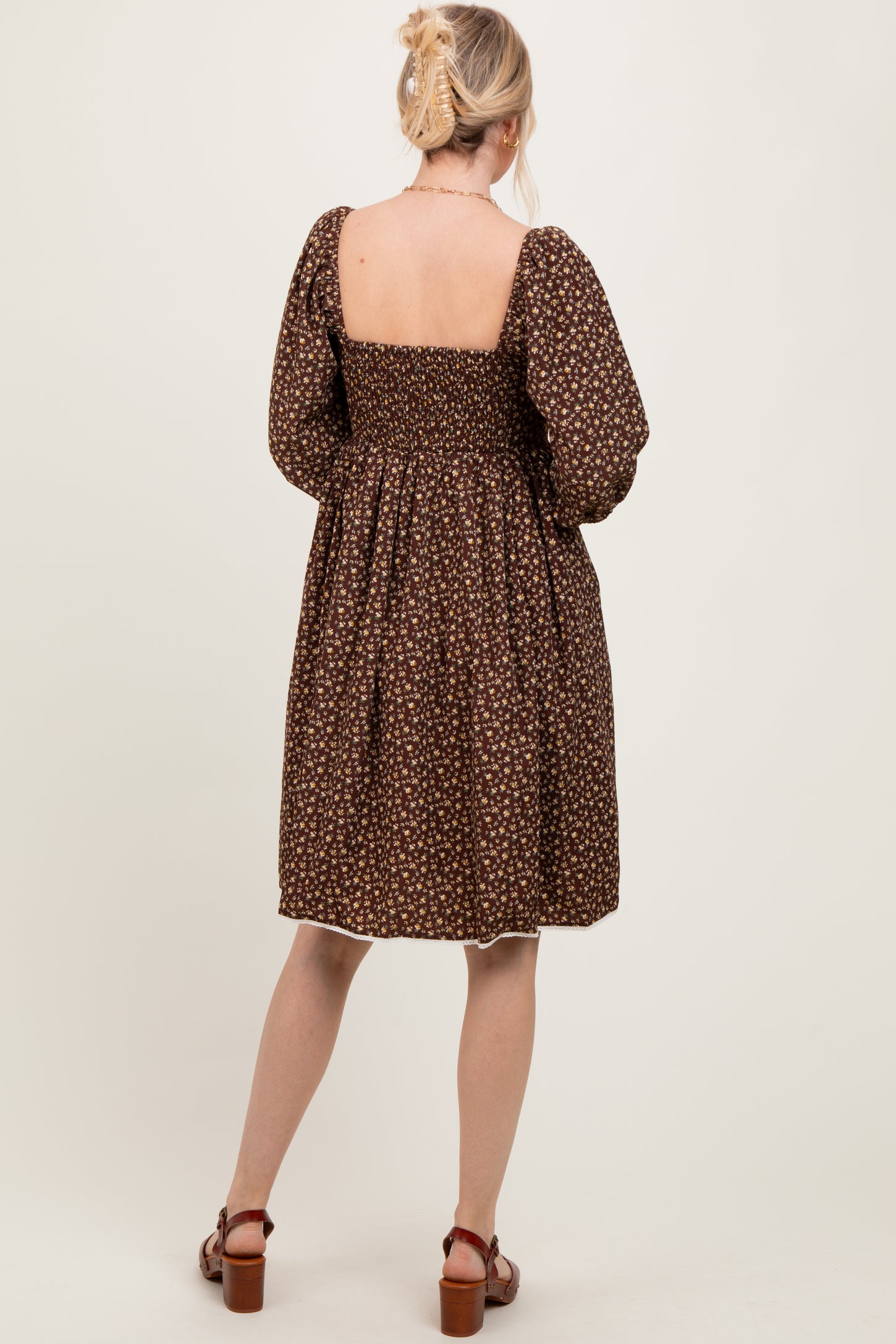 Mocha Floral Pleated Bodice Lace Trim Midi Dress