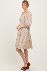 Cream Floral Pleated Bodice Lace Trim Midi Dress