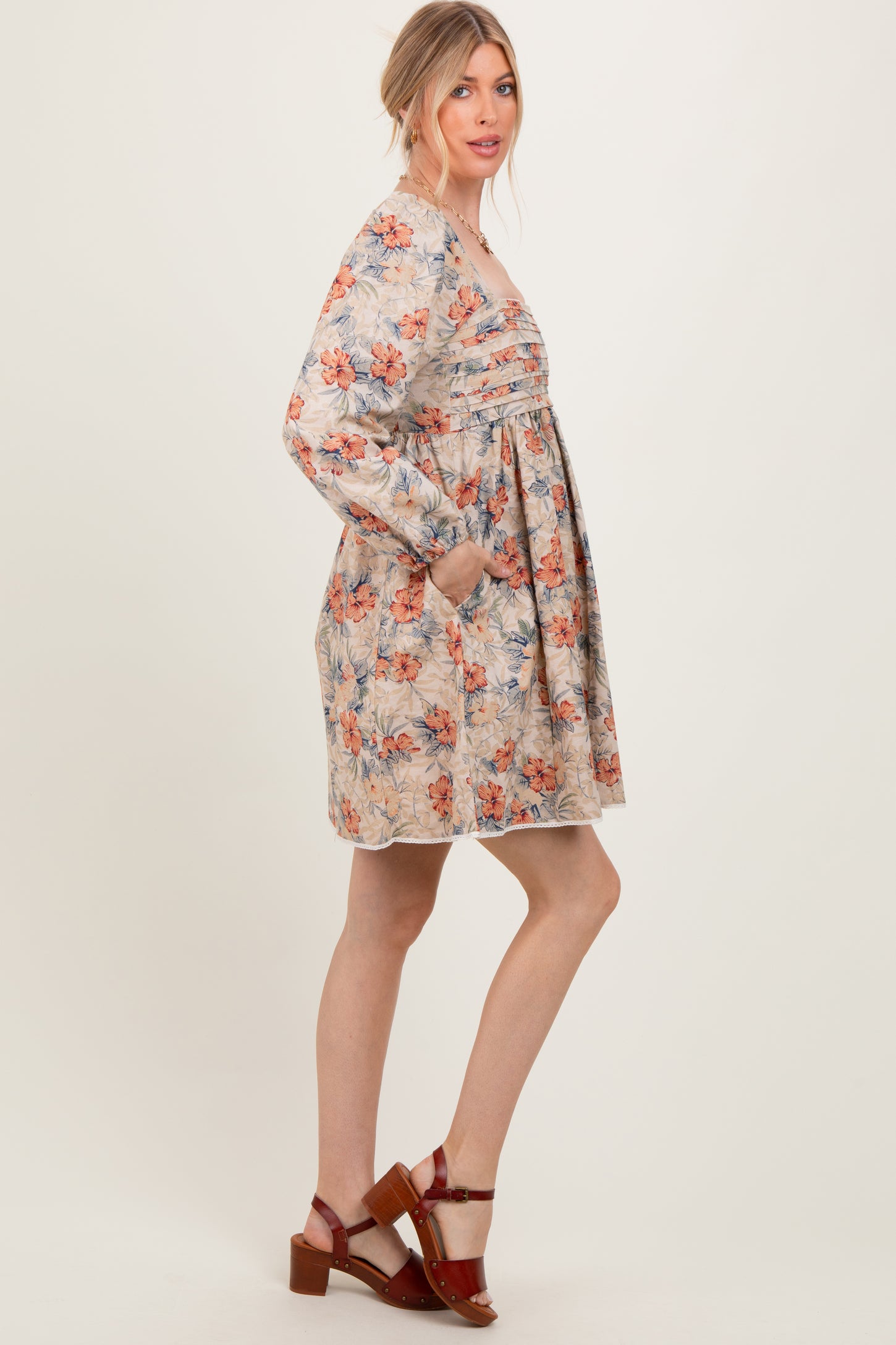 Cream Tropical Floral Pleated Bodice Dress