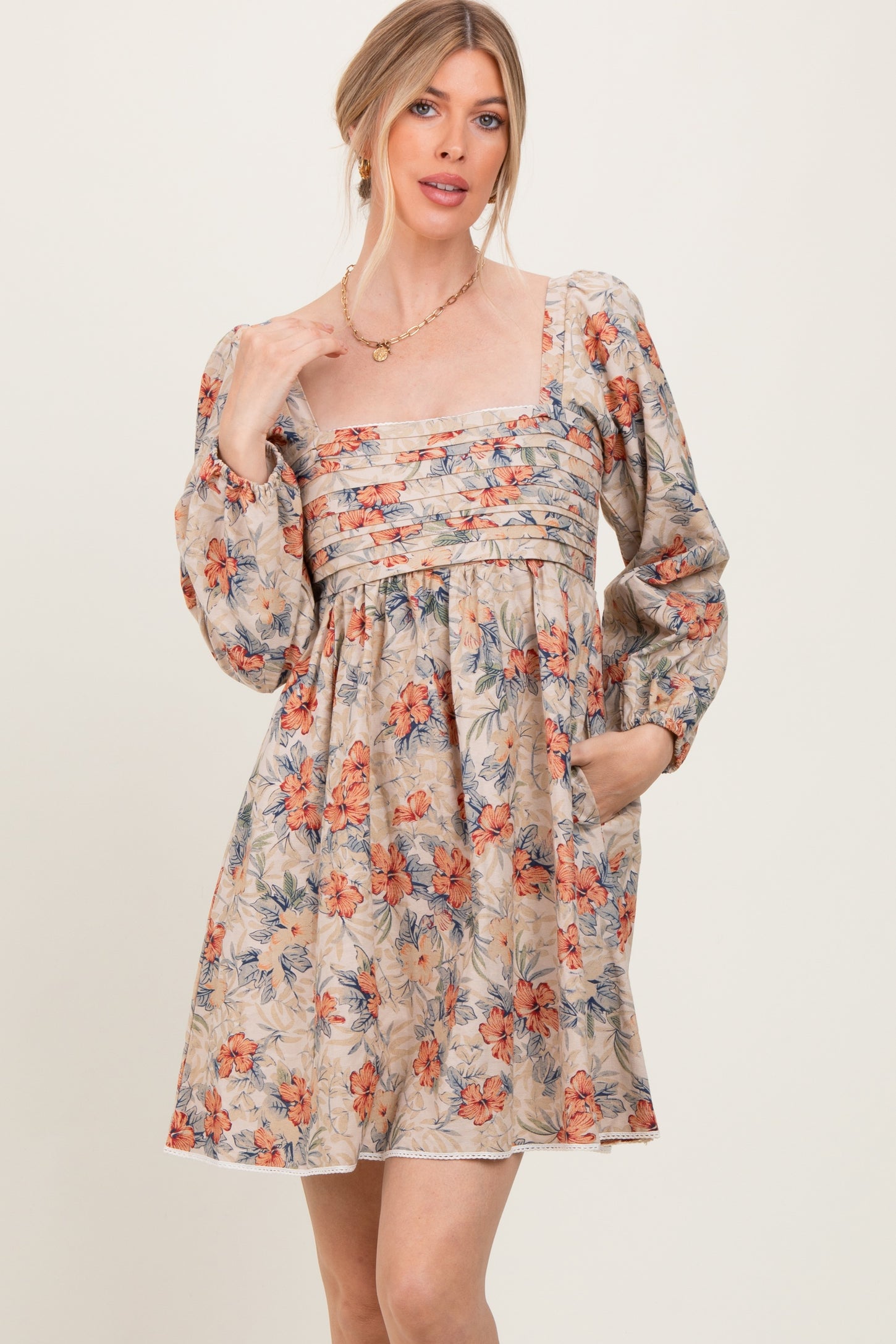 Cream Tropical Floral Pleated Bodice Dress