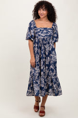 Light Navy Floral Pleated Bodice Maternity Midi Dress