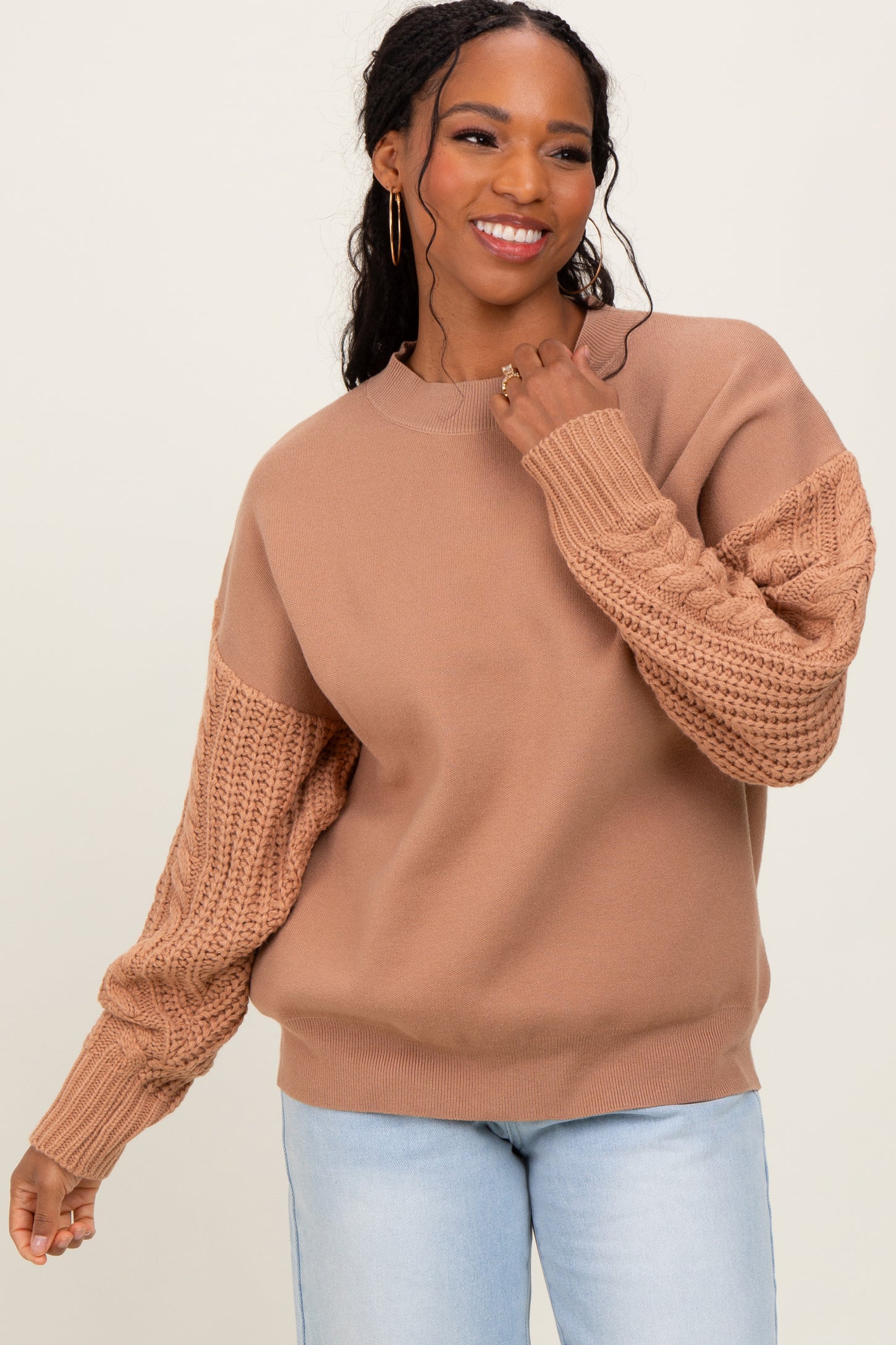 Camel Contrast Knit Sleeve Sweater