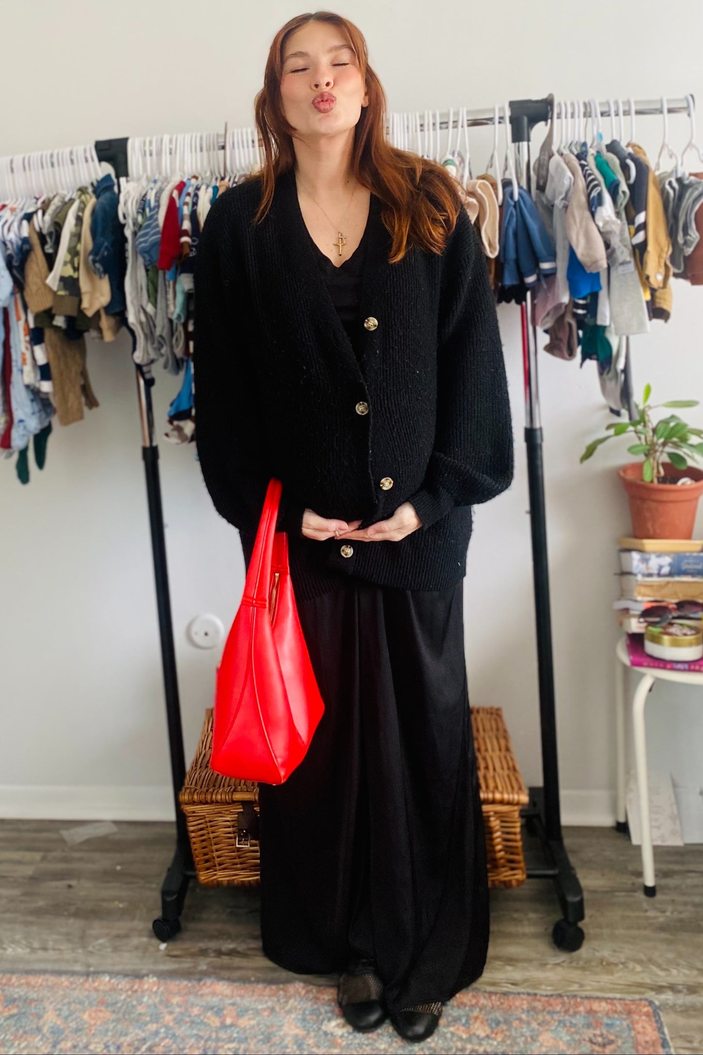 Black Knit Oversized Button Down V-Neck Maternity Cardigan