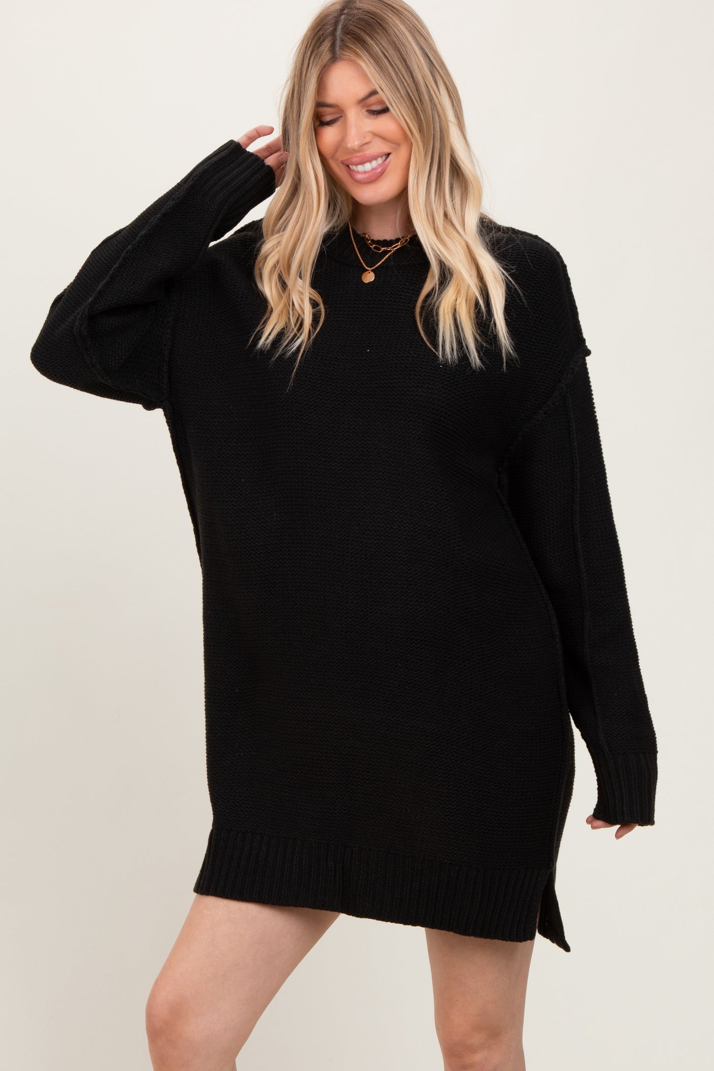 Black Exposed Seam Oversized Sweater Dress