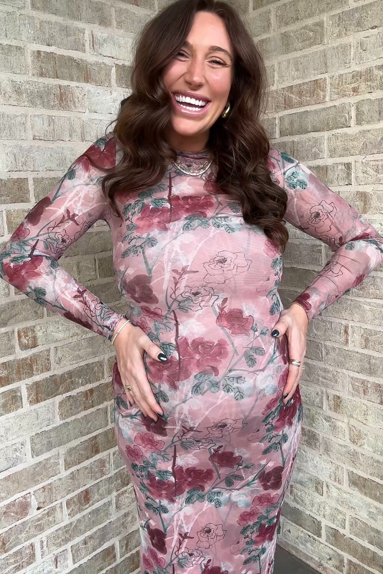 Mauve Floral Printed Mesh Overlay Maternity Maxi Dress