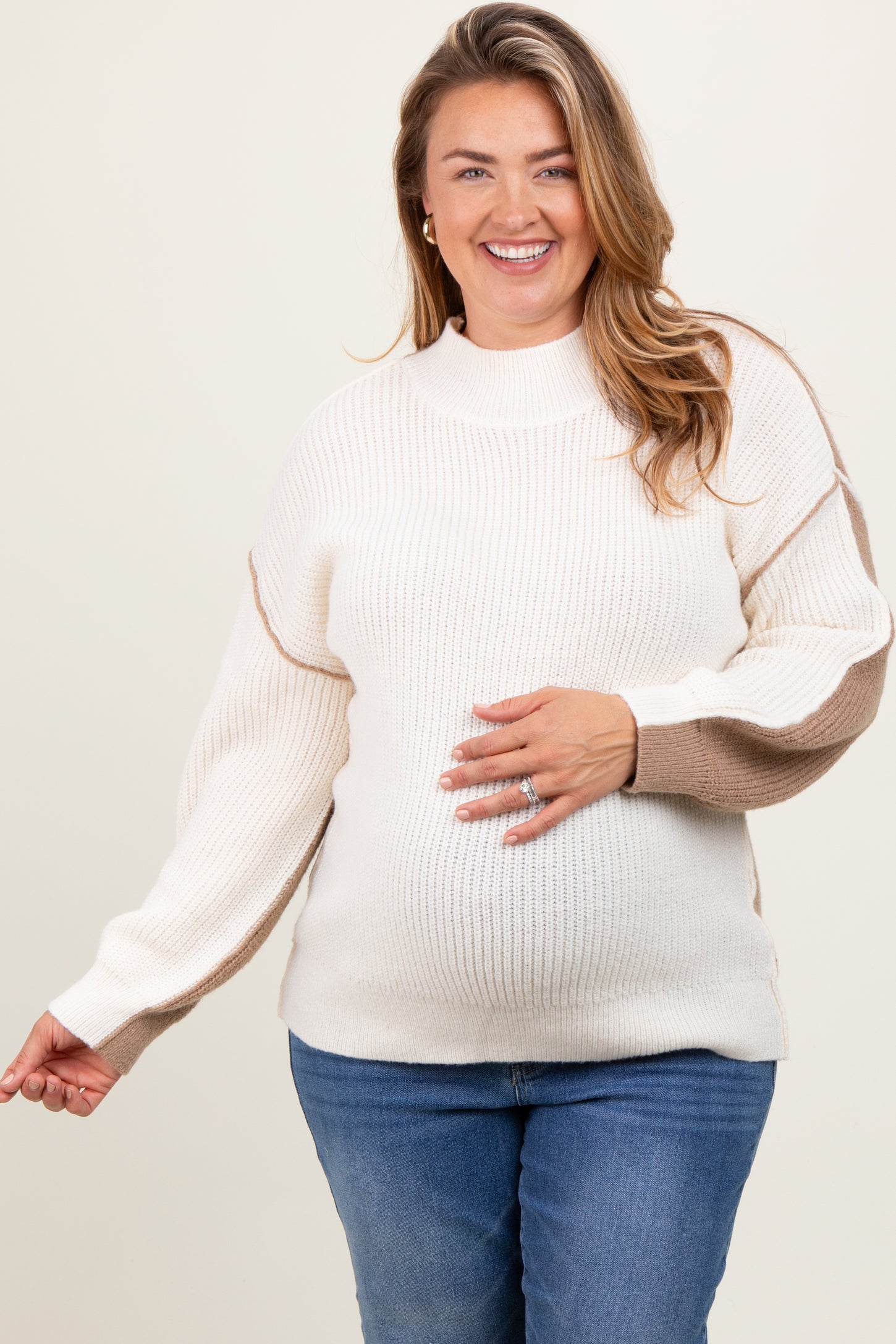 Ivory Mock Neck Colorblock Maternity Plus Sweater