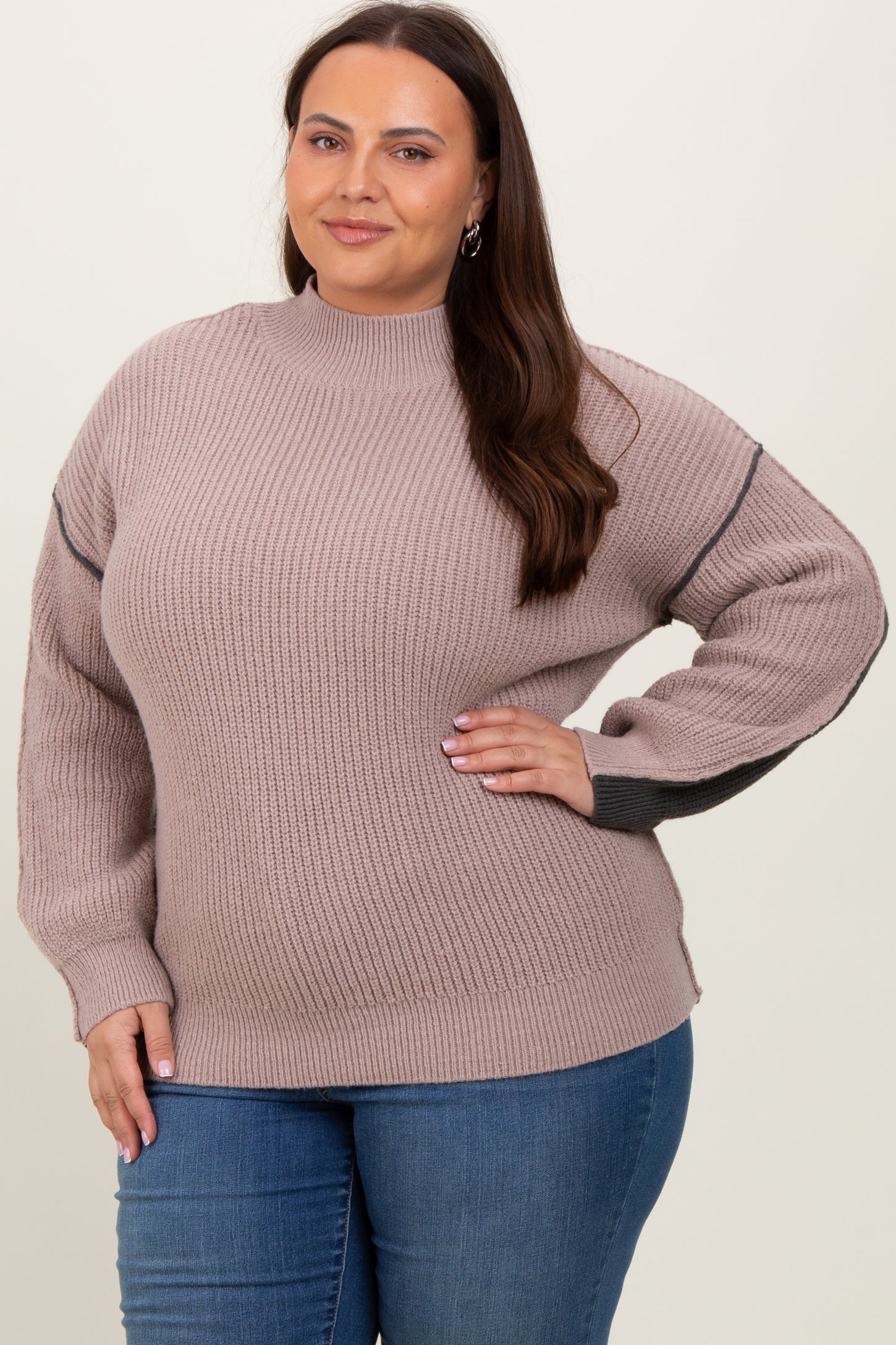 Mocha Mock Neck Colorblock Maternity Plus Sweater