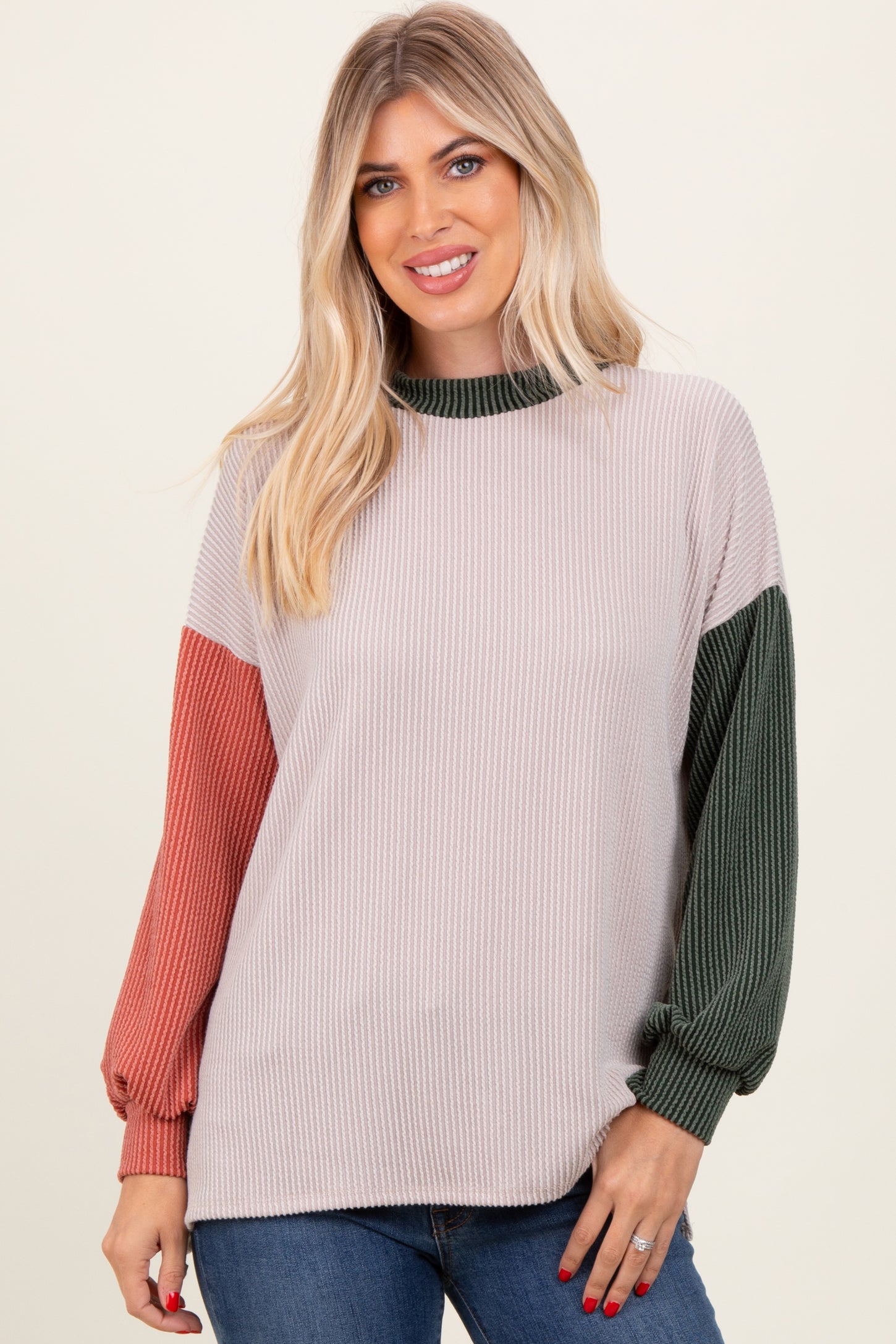 Cream Ribbed Colorblock Maternity Side Slit Top