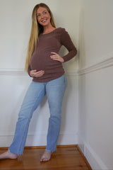 Brown Ribbed Scoop Neck Long Sleeve Maternity Top