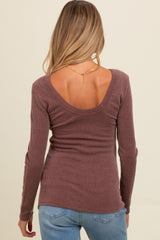 Brown Ribbed Scoop Neck Long Sleeve Maternity Top