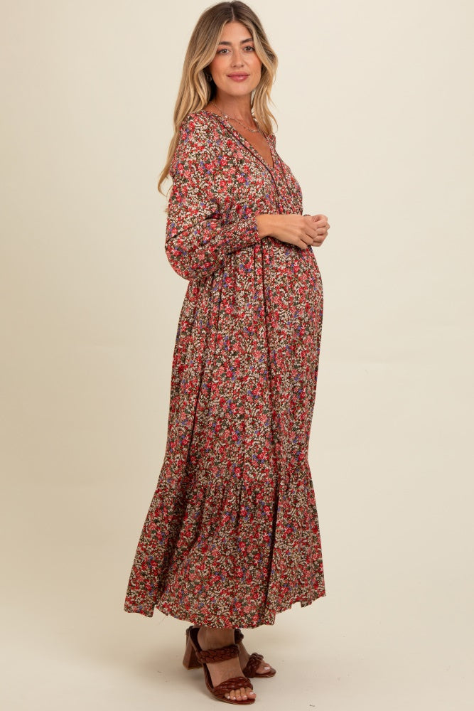 Mocha Floral V-Neck Bubble Sleeve Maternity Maxi Dress