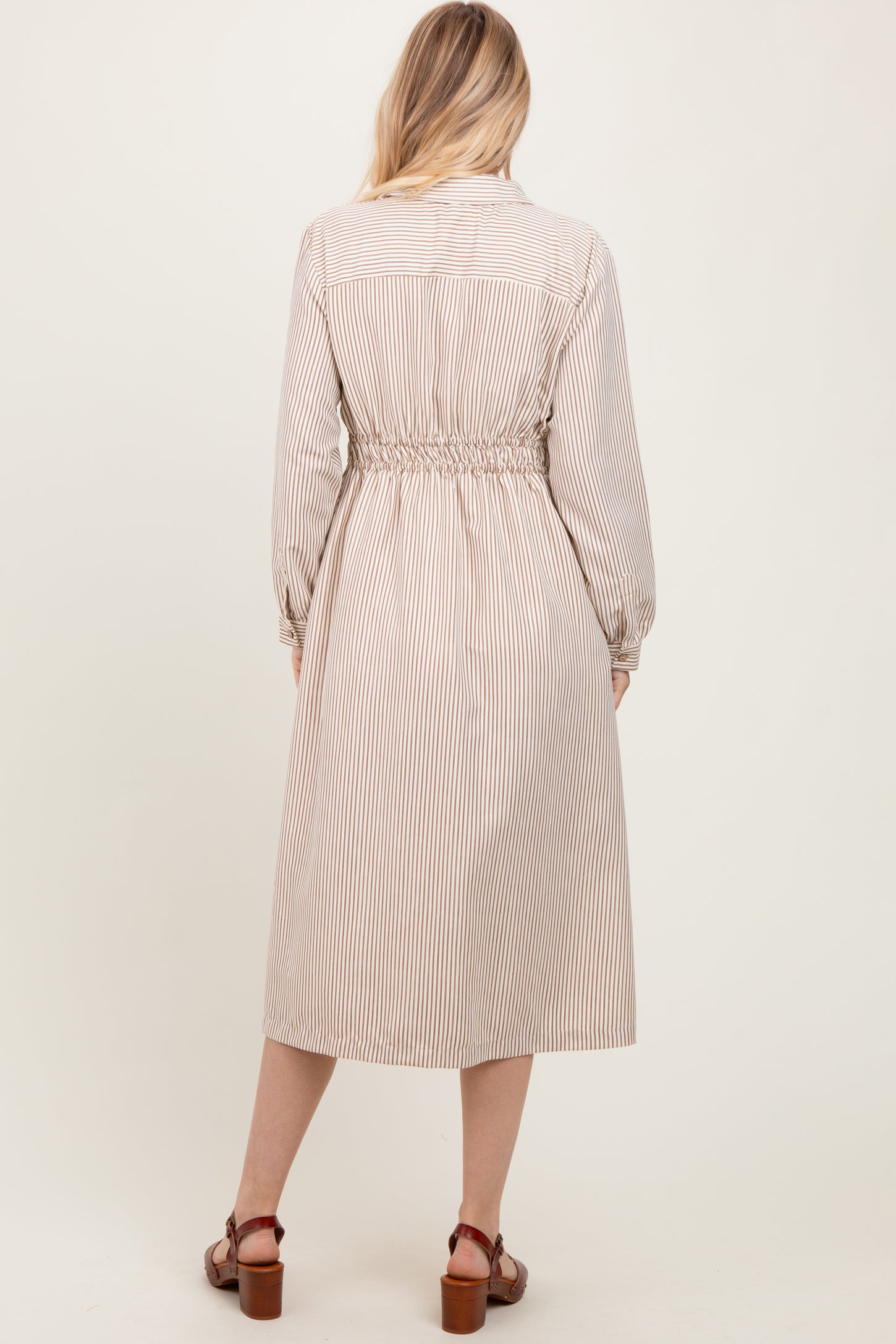 Mocha Striped Sash Tie Midi Shirt Dress