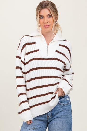 Brown Striped Knit Half Zip Sweater