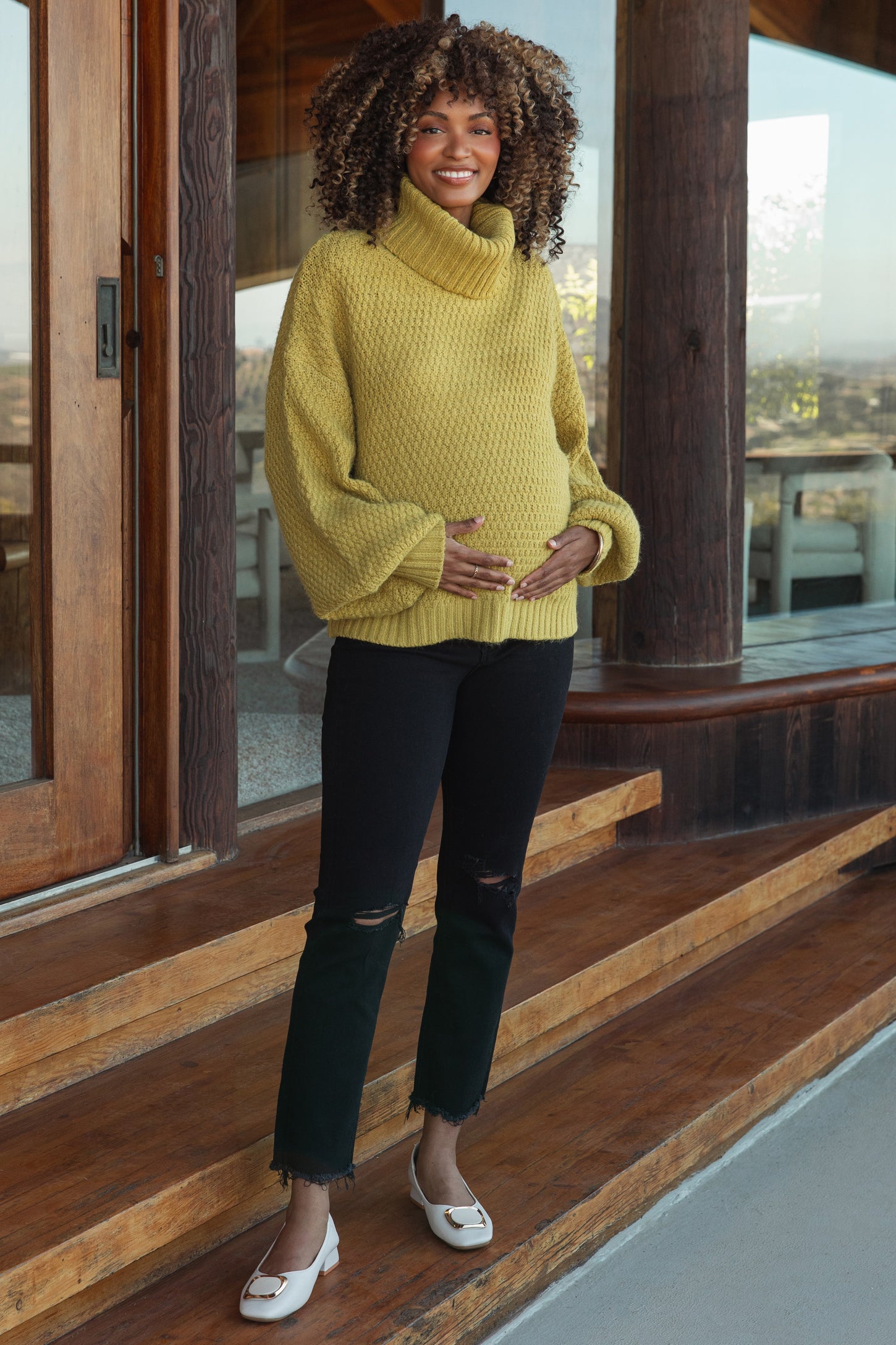Yellow Chunky Knit Turtleneck Maternity Sweater
