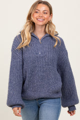 Blue Chunky Knit Quarter Zip Maternity Sweater