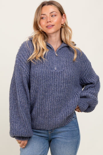 Blue Chunky Knit Quarter Zip Sweater