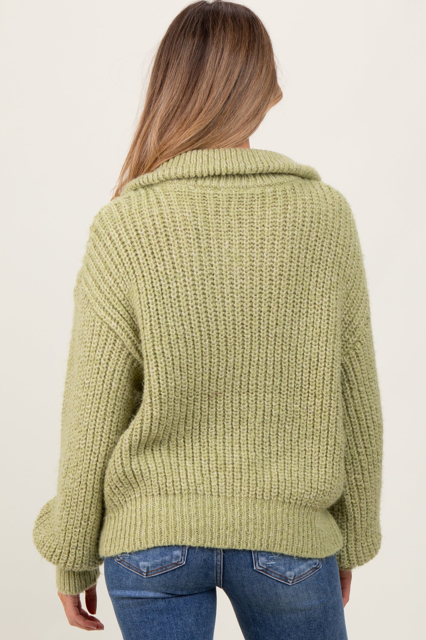Light Olive Chunky Knit Quarter Zip Maternity Sweater