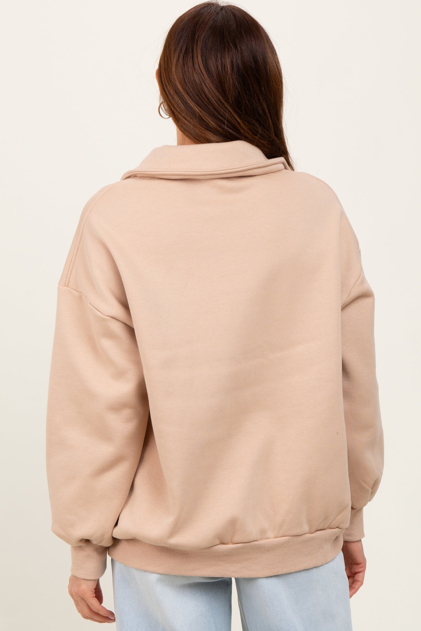 Beige Oversized Long Sleeve Polo Pullover