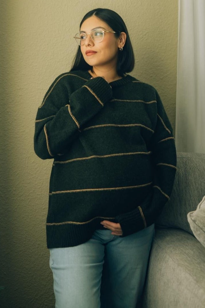 Olive Striped Drop Shoulder Maternity Sweater