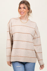 Beige Striped Drop Shoulder Maternity Sweater