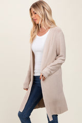 Beige Contrast Rib Long Open Cardigan