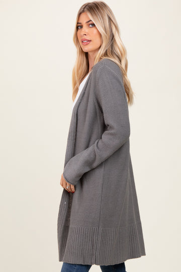 Charcoal Contrast Rib Long Open Cardigan