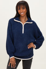 Navy Soft Fuzzy Knit Quarter Zip Maternity Pullover Sweater
