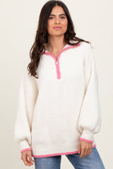 Cream Soft Fuzzy Knit Quarter Zip Pullover Sweater