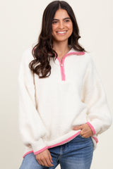 Cream Soft Fuzzy Knit Quarter Zip Pullover Sweater