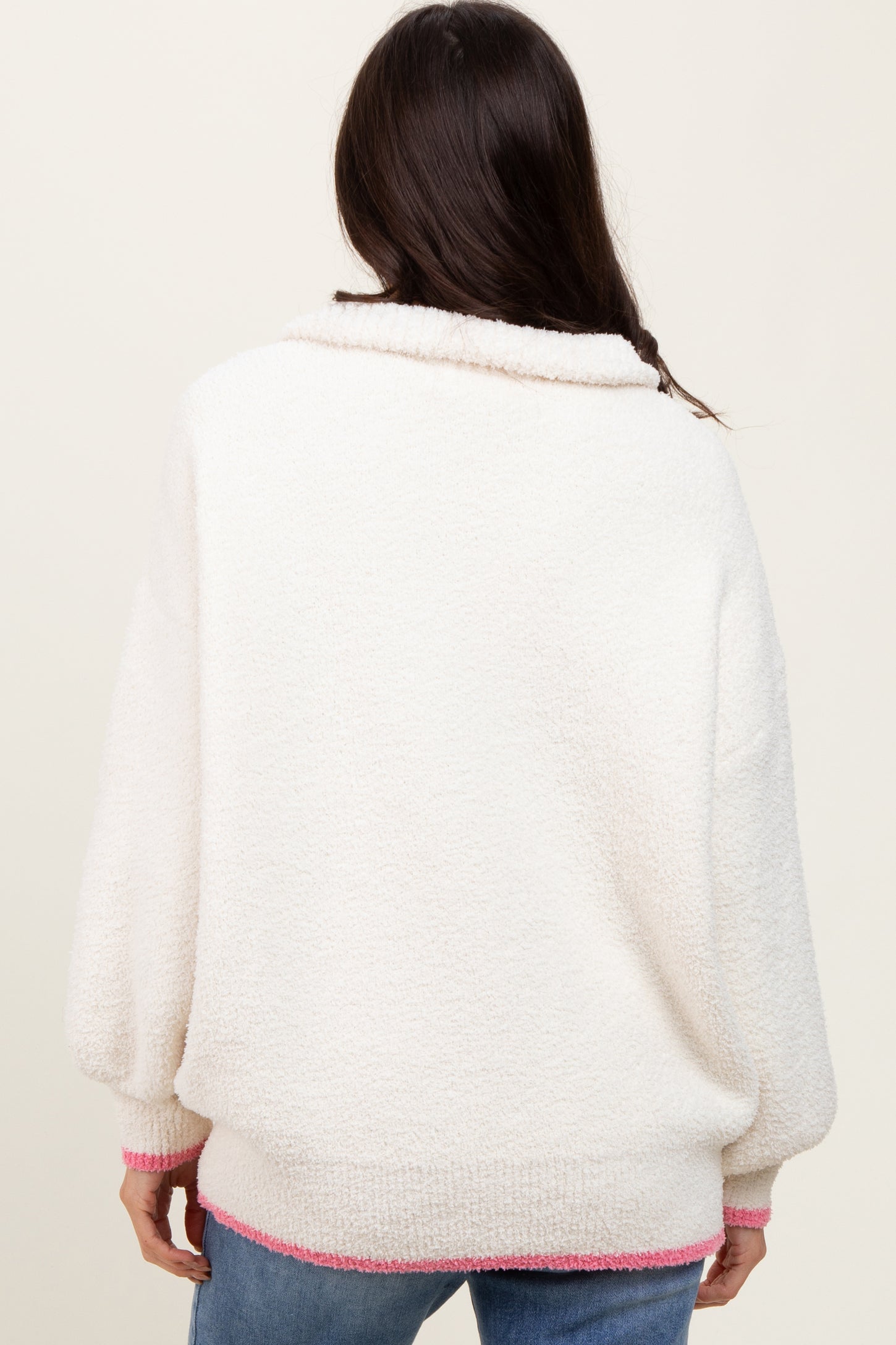 Cream Soft Fuzzy Knit Quarter Zip Pullover Sweater
