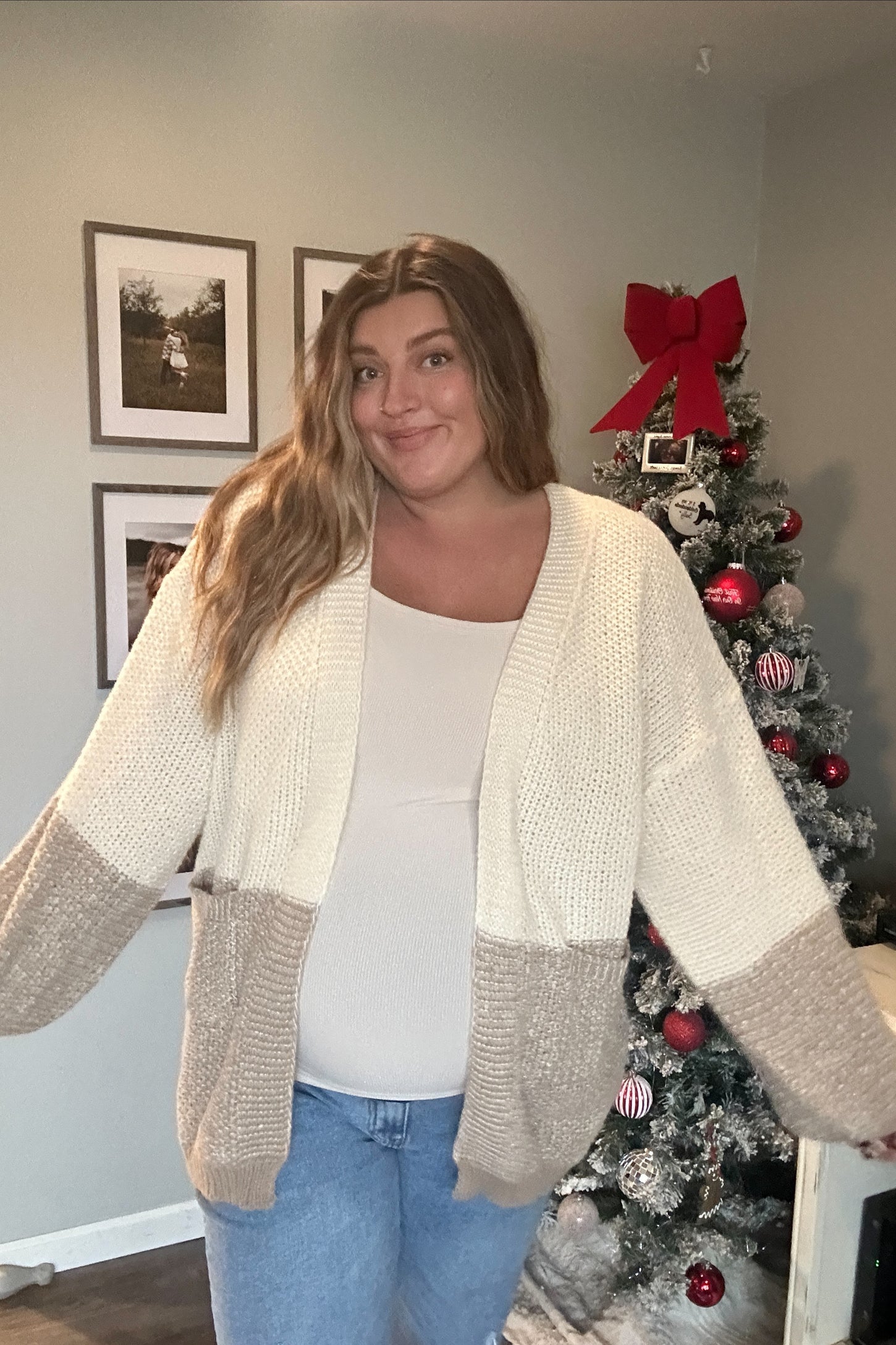 Cream Colorblock Bubble Sleeve Knit Maternity Cardigan